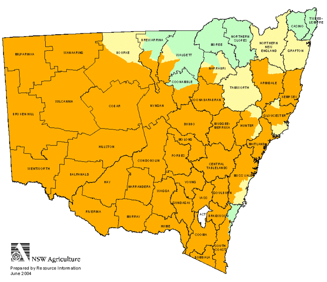 Map showing areas of NSW suffering drought conditions as at June 2004