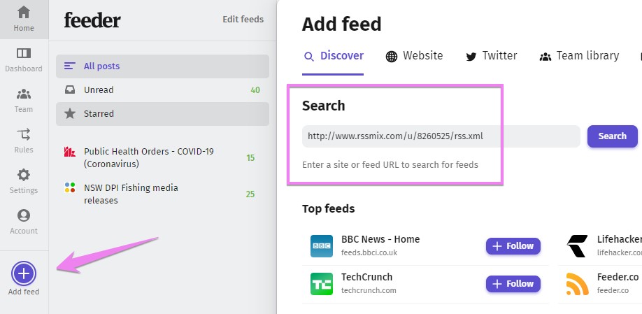 Explaining how to add a feed URL to the feed reader
