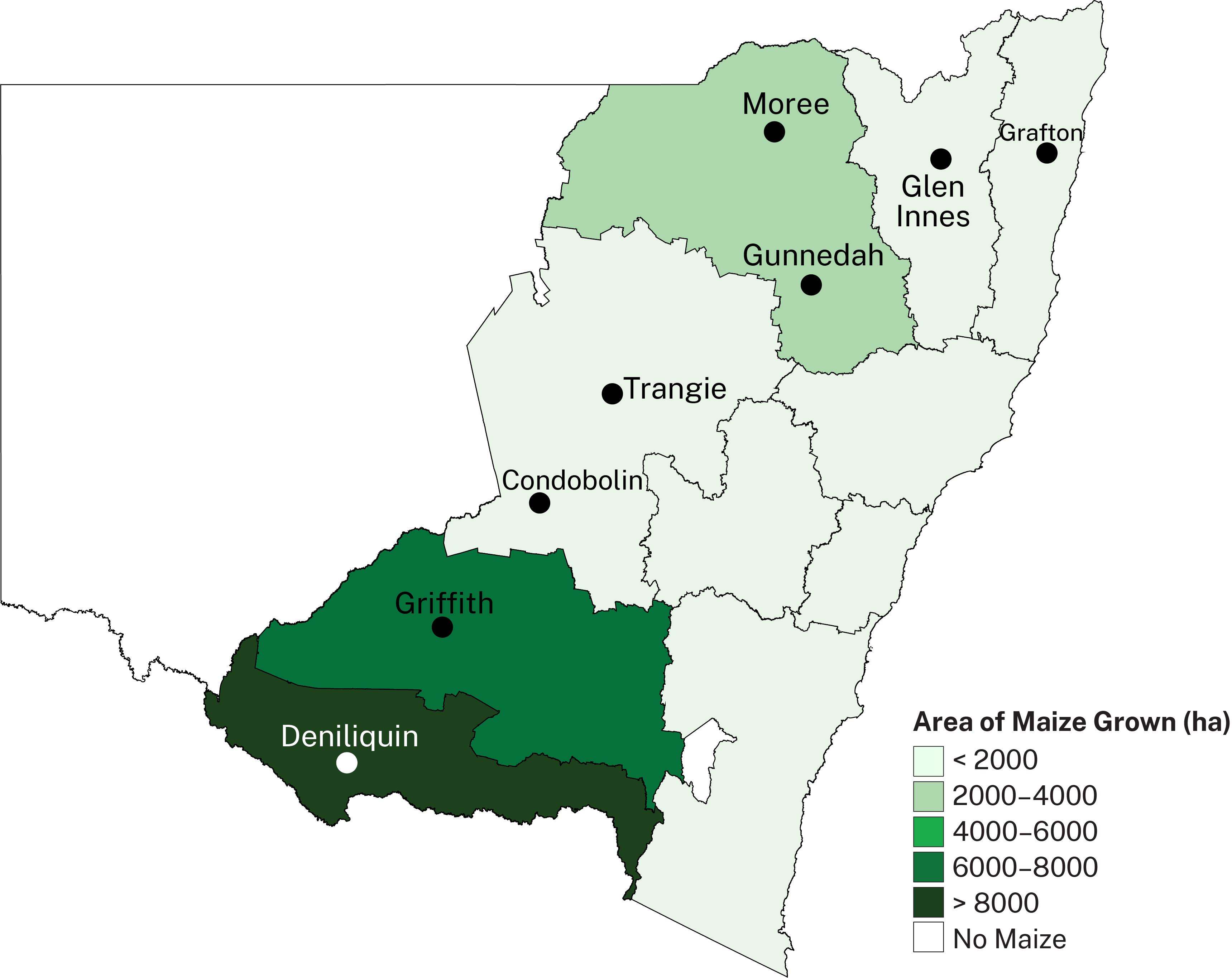 Maize growing in NSW is concentrated in the central south of the state but also extends over most of eastern NSW.
