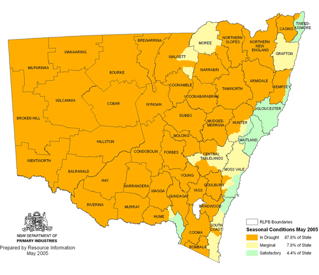 Map showing areas of NSW suffering drought conditions as at May 2005