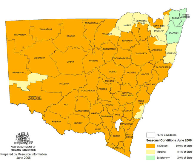 Map showing areas of NSW suffering drought conditions as at June 2006