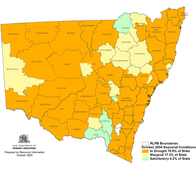 Map showing areas of NSW suffering drought conditions as at October 2004