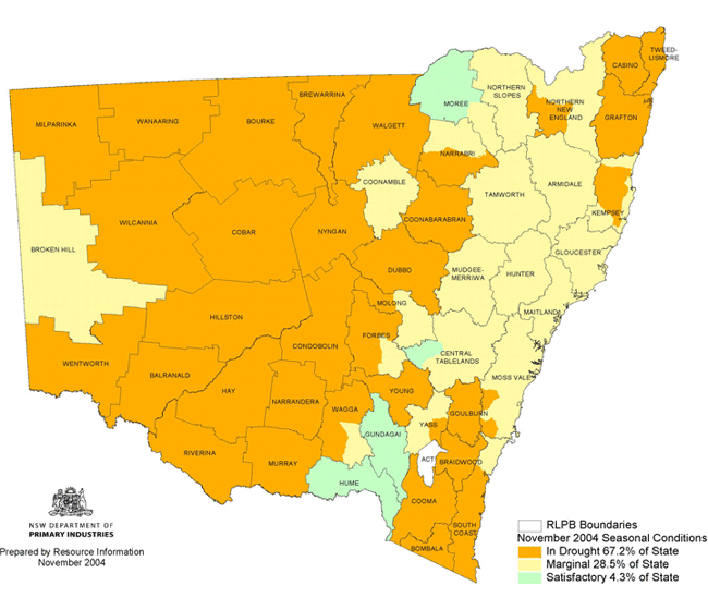 Map showing areas of NSW suffering drought conditions as at November 2004