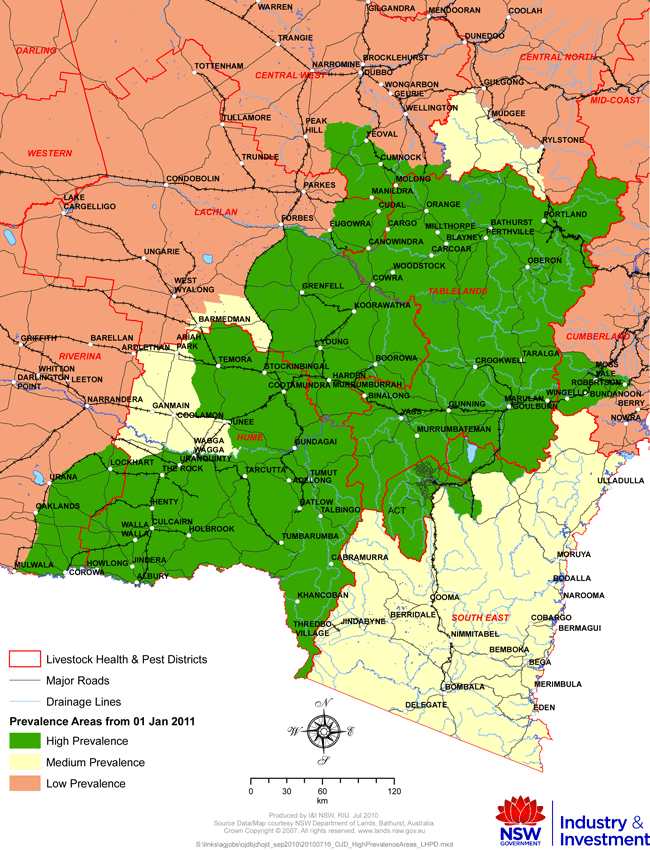 Map showing OJD High and Medium Prevalence Area boundaries in NSW effective 1 January 2011
