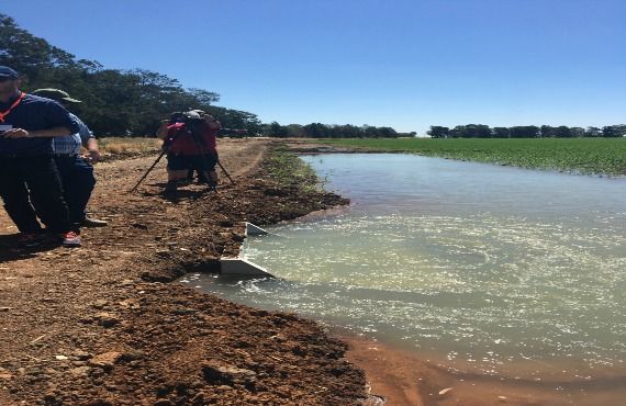 Water filling the distribution pond at Rob Black's property at Colyeambally (2016 Smarter Irrigation Technology Tour)