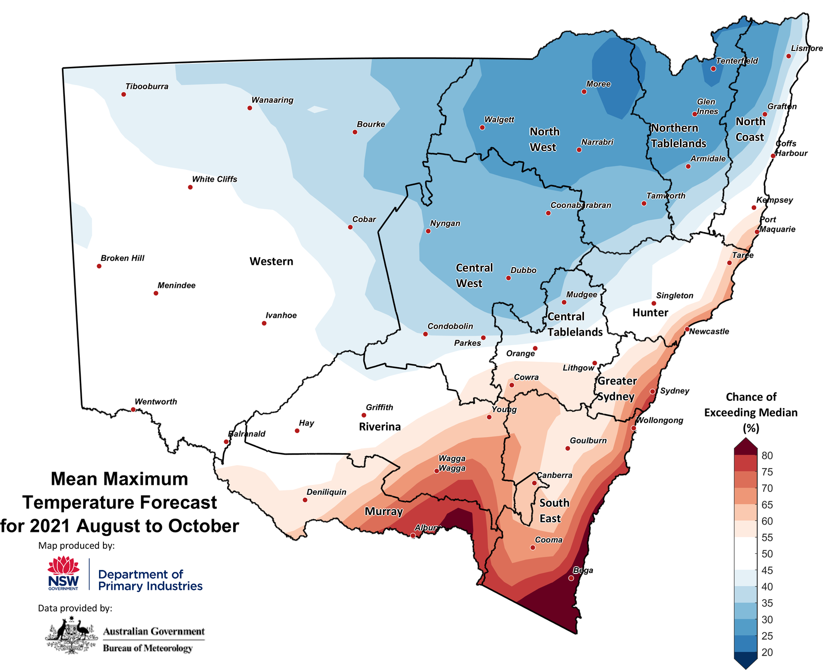 Seasonal maximum temperature outlook for NSW issued on 1 July 2021