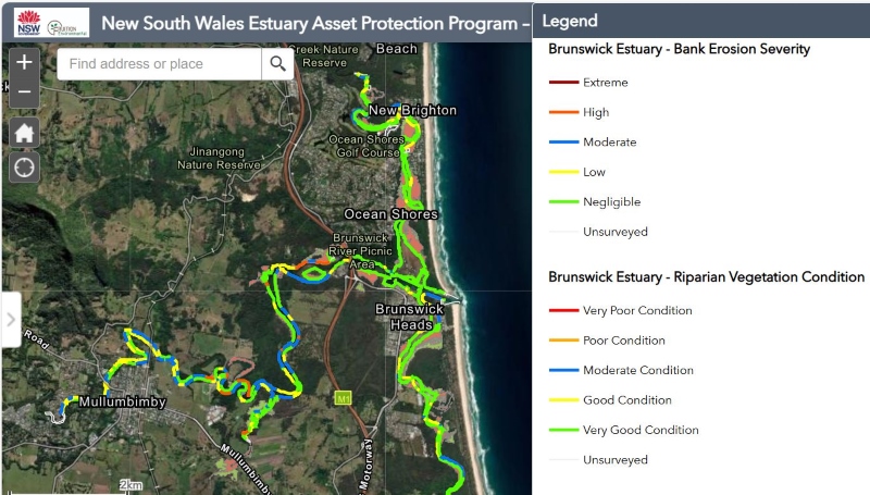 Computer screenshot showing mapping output of Fisheries Bank and Riparian Condition Public Portal with bank erosion and riparian vegetation condition layers turned on.
