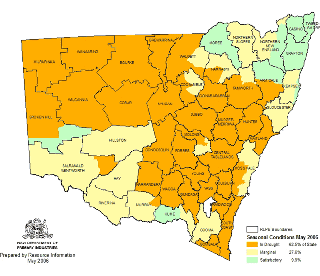 Map showing areas of NSW suffering drought conditions as at May 2006