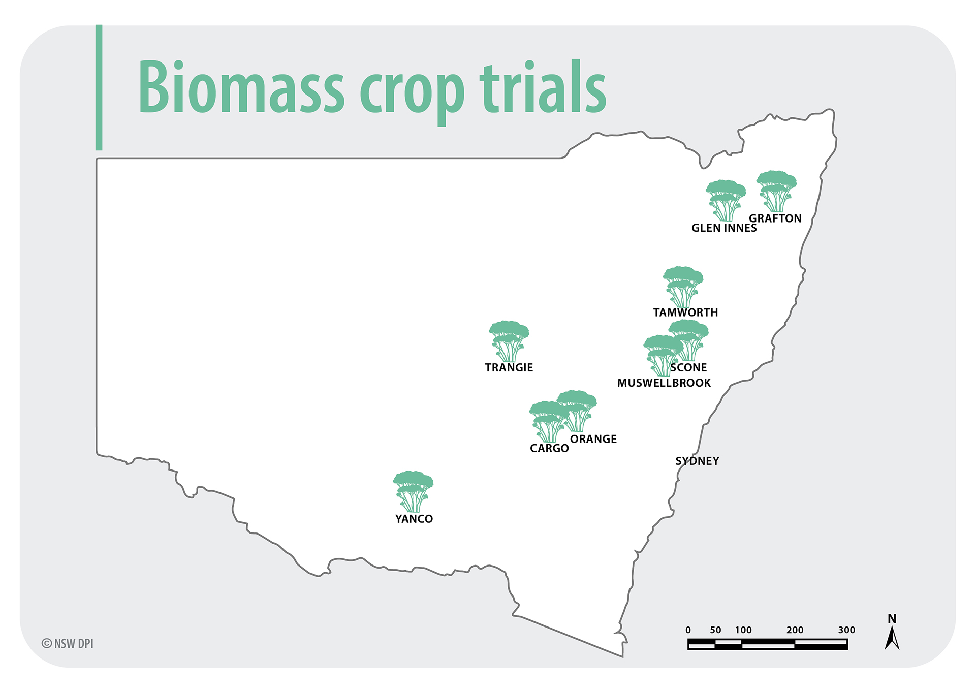 Biomass crop trials across NSW - location map