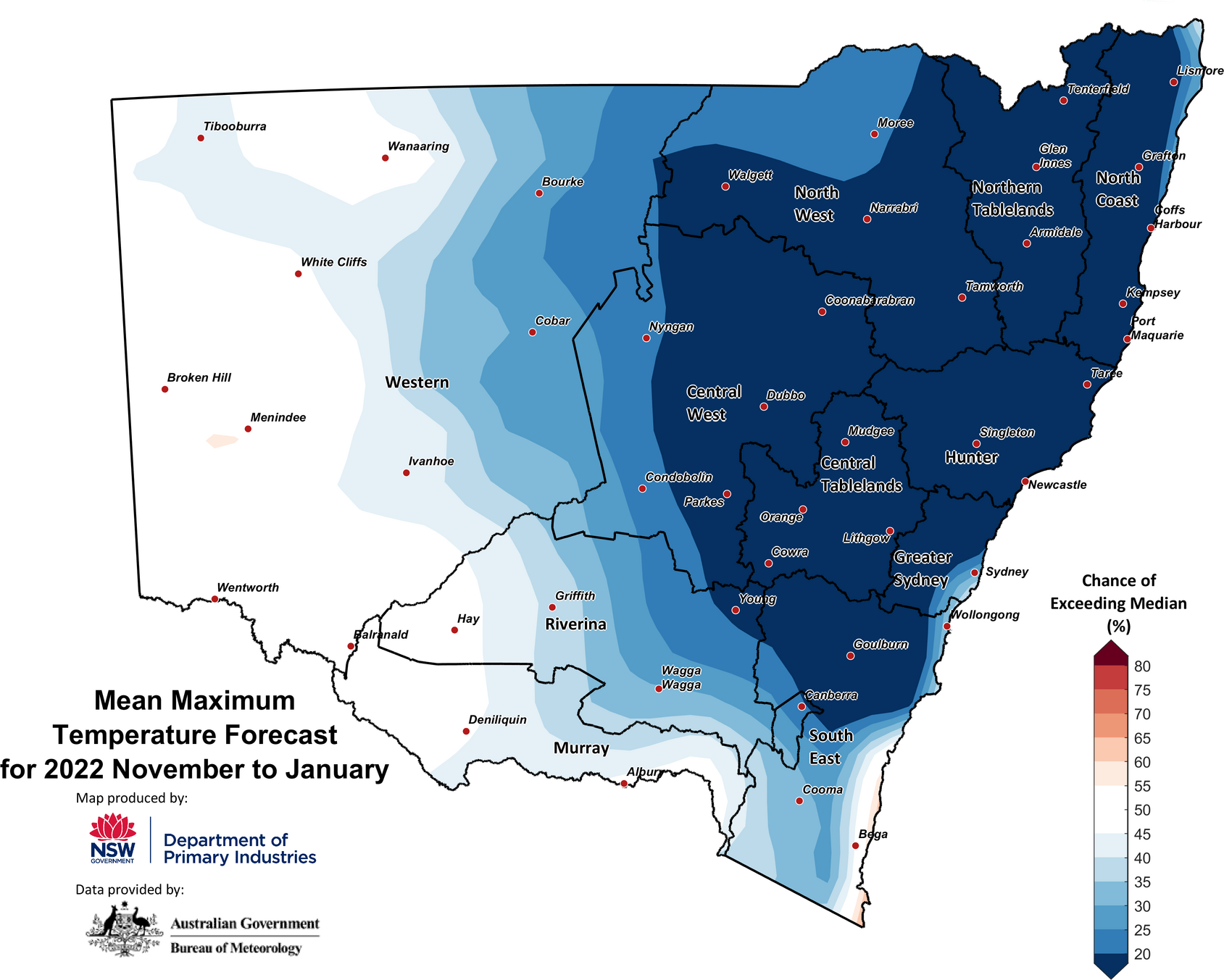 Figure 27. Seasonal average maximum temperature outlook for NSW issued on 6 October 2022