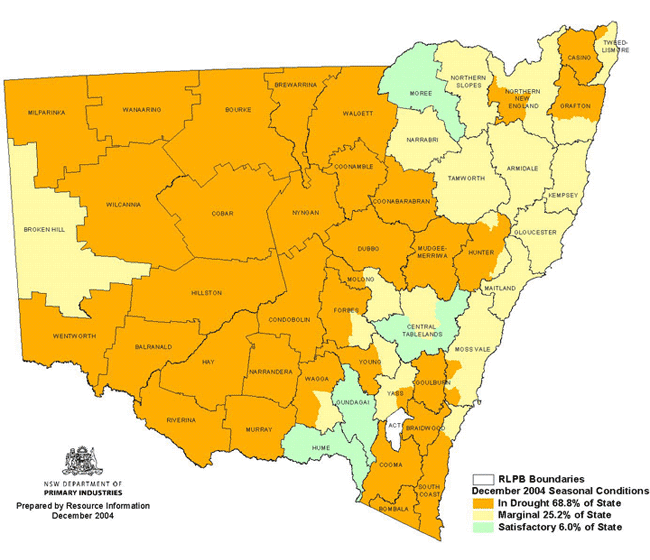 Map showing areas of NSW suffering drought conditions as at December 2004
