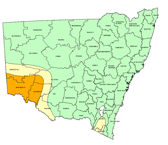 Map showing areas of NSW suffering drought conditions as at October 1998