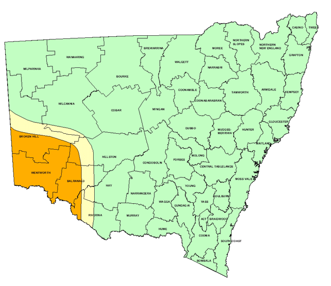 Map showing areas of NSW suffering drought conditions as at January 1999