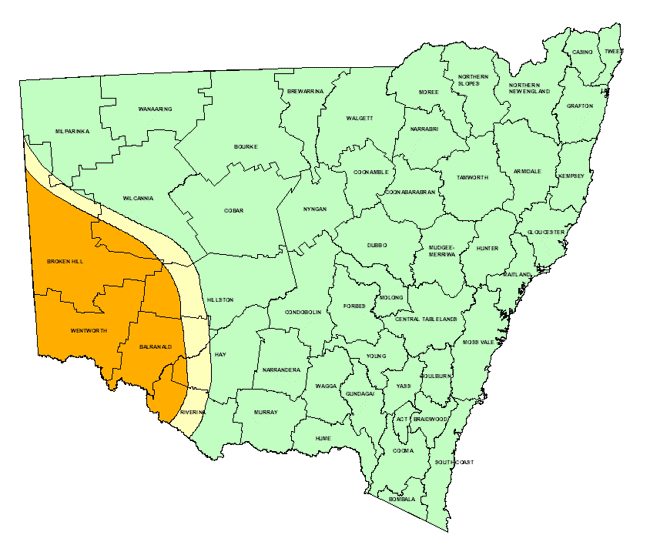 Map showing areas of NSW suffering drought conditions as at April 1999