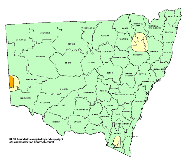 Map showing areas of NSW suffering drought conditions as at July 2000