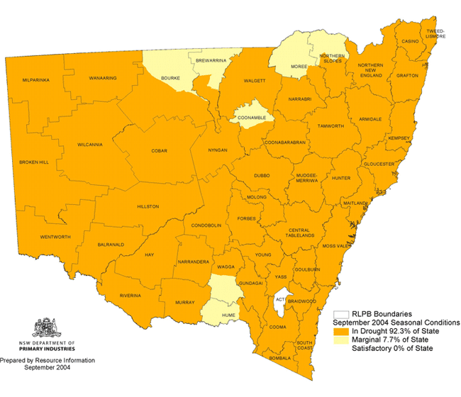 Map showing areas of NSW suffering drought conditions as at September 2004