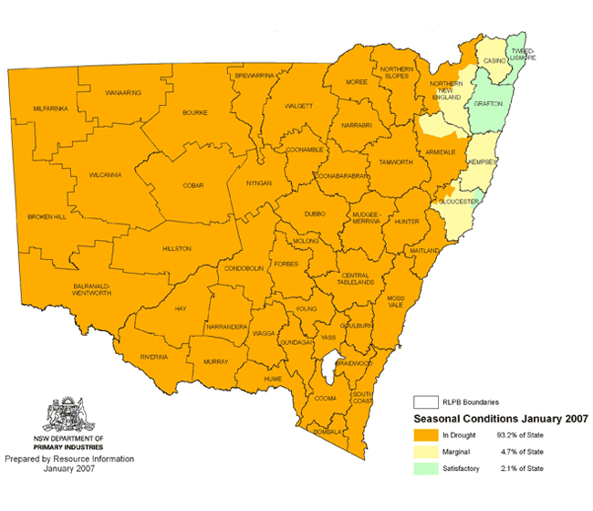 Map showing areas of NSW suffering drought conditions as at January 2007