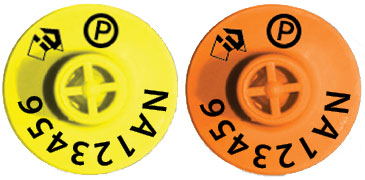 A round yellow and orange ear tag