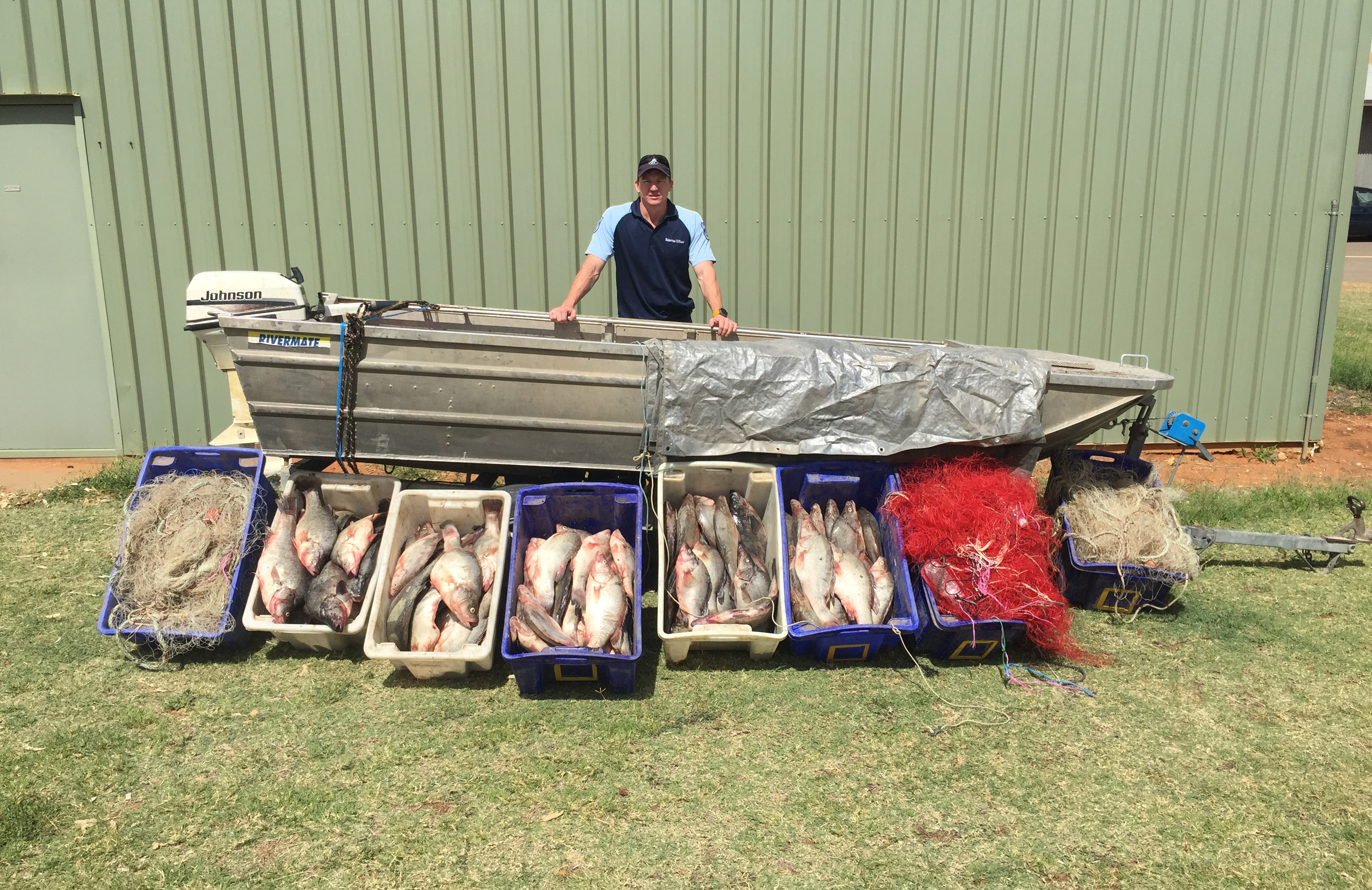 NSW DPI Fisheries officer Peter Heath with seized golden perch and netting