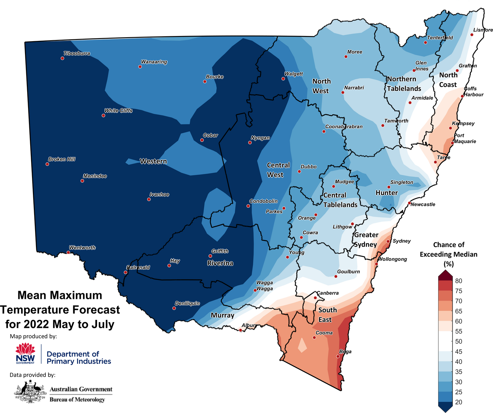 Figure 27. Seasonal average maximum temperature outlook for NSW issued on 28 April 2022