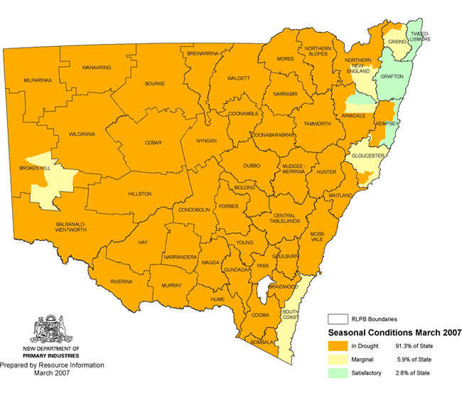 Map showing areas of NSW suffering drought conditions as at March 2007