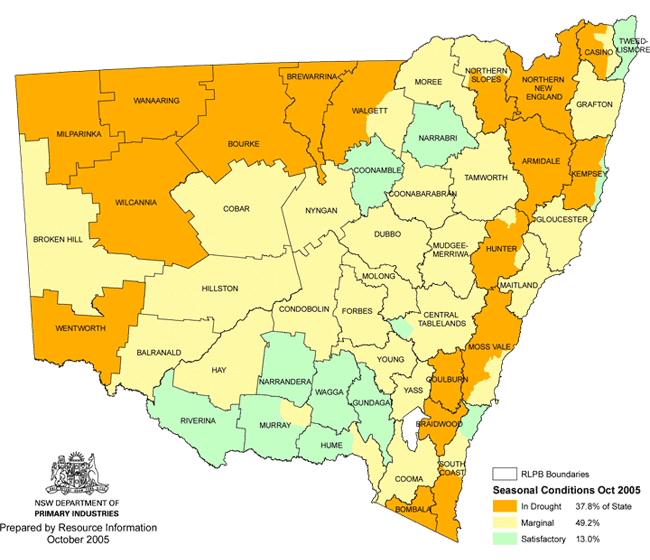 Map showing areas of NSW suffering drought conditions as at October 2005