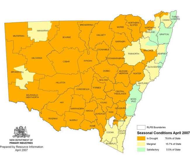 Map showing areas of NSW suffering drought conditions as at April 2007