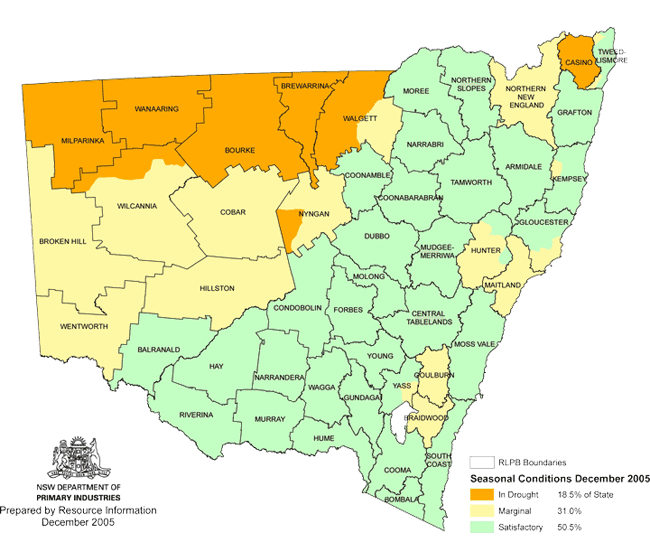 Map showing areas of NSW suffering drought conditions as at December 2005