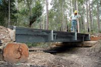 Forestry Corporation operations forester at Wauchope Karel Zejbrlik sizes up a span of the old Sydney Iron Cove Bridge that is now in use as a temporary bridge in Broken Bago State Forest