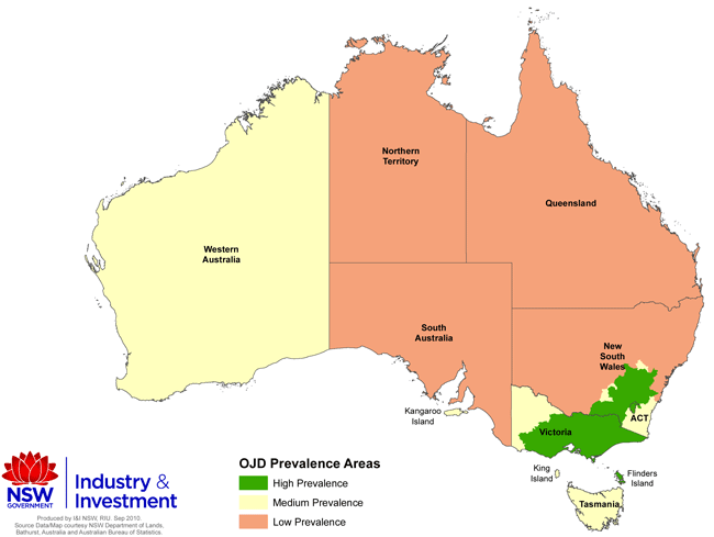 Map of Australia showing OJD Prevalence Area for implementation from 1 January 2011