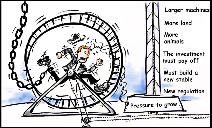 cartoon of business man running and chained to hamster wheel with pressure to grow