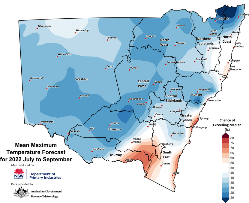 Figure 27. Seasonal average maximum temperature outlook for NSW issued on 1 July 2022