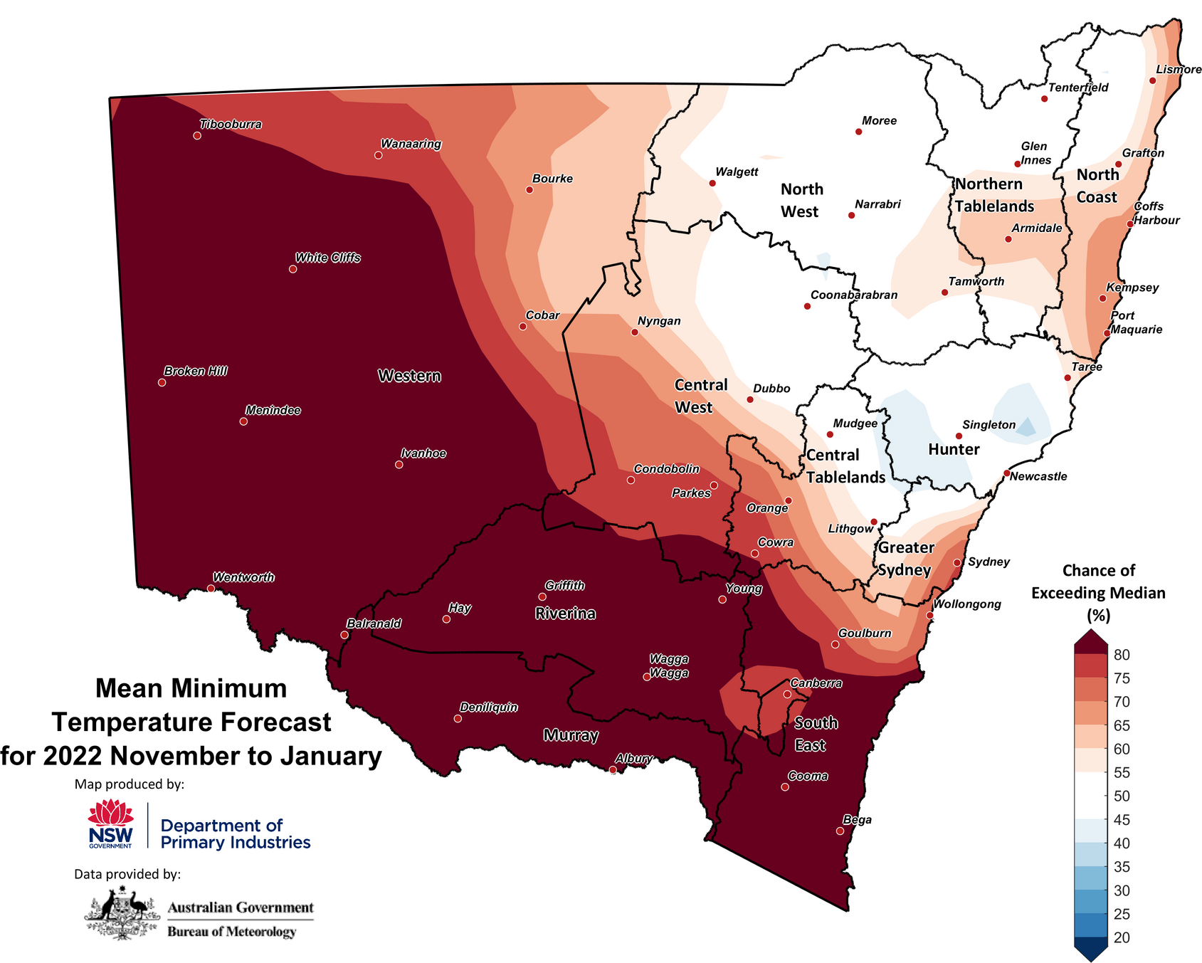 Figure 28. Seasonal average minimum temperature outlook for NSW issued on 6 October 2022