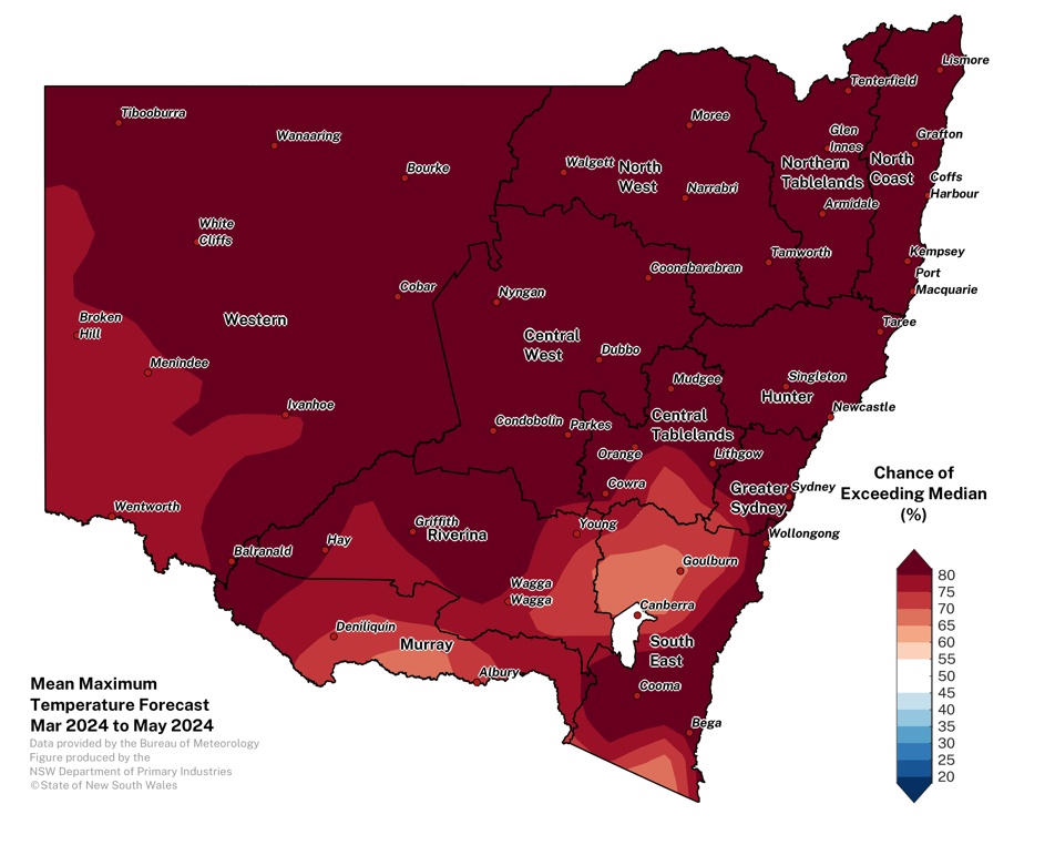 Figure 11. Seasonal average maximum temperature outlook for NSW issued on 29 February 2024