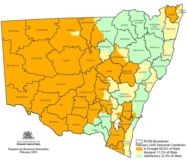 Map showing areas of NSW suffering drought conditions as at February 2005