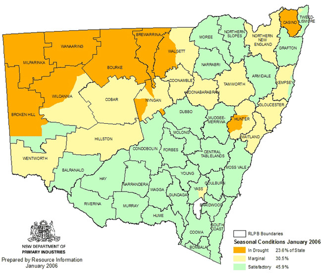 Map showing areas of NSW suffering drought conditions as at January 2006