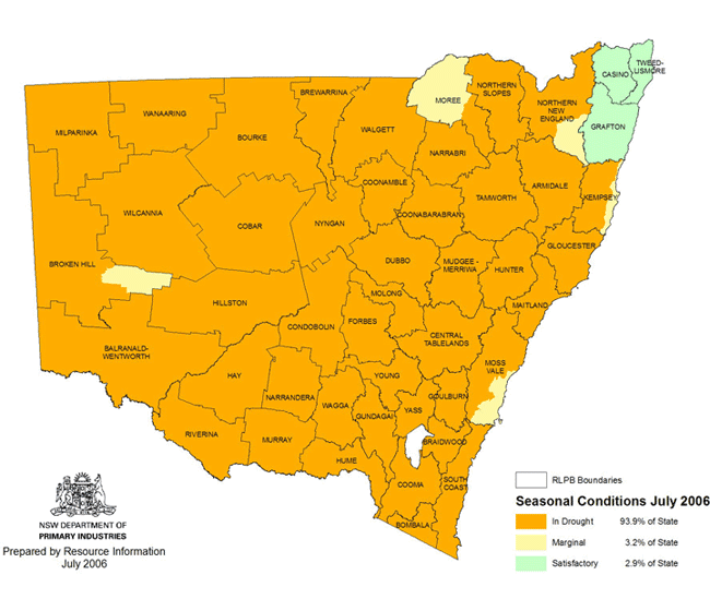 Map showing areas of NSW suffering drought conditions as at July 2006
