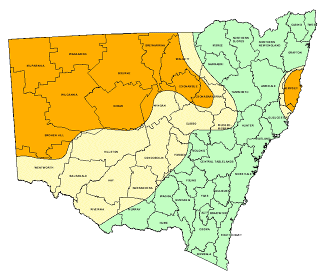 Map showing areas of NSW suffering drought conditions as at February 2002