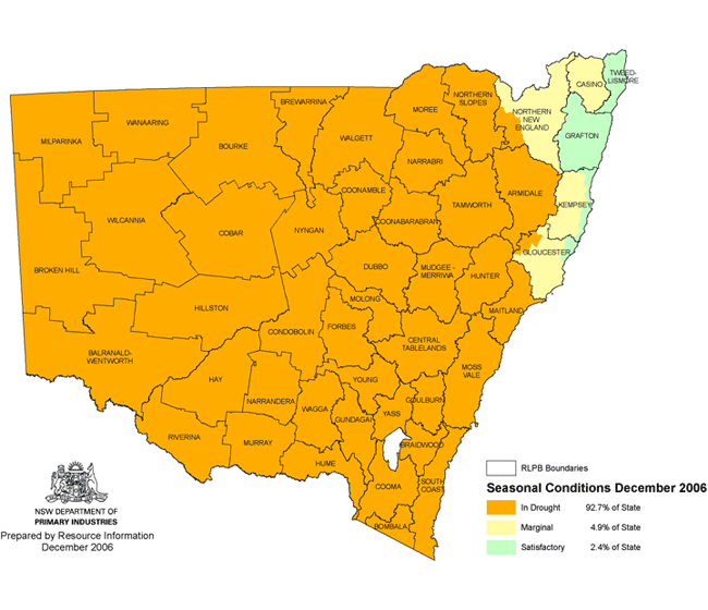 Map showing areas of NSW suffering drought conditions as at December 2006