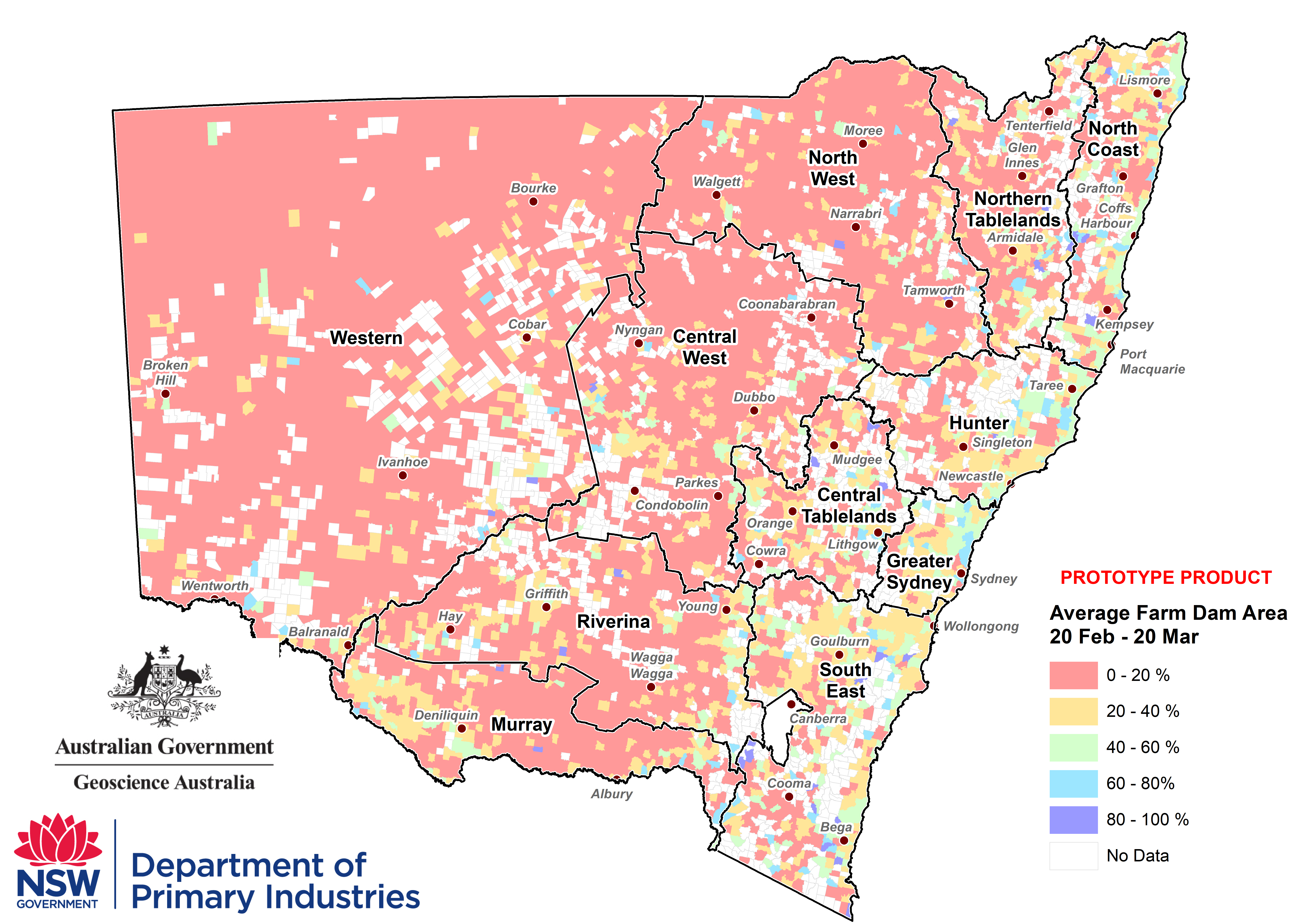 Average parish-level farm dam extents between 20 February to 20 March 2019 - For an accessible explanation of this image contact scott.wallace@dpi.nsw.gov.au